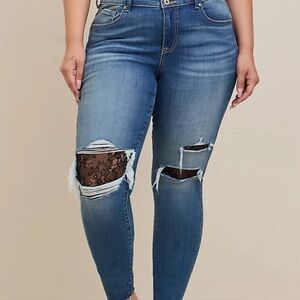 Torrid Women's Blue Distressed Jeans with Lace Detail
